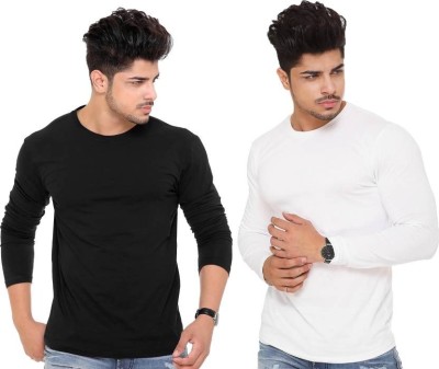 Classy Fab Solid Men Round Neck Black, White T-Shirt