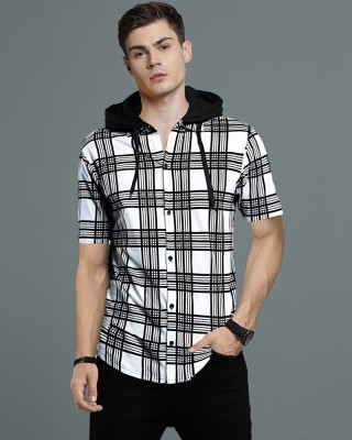 GARBLY Checkered Men Hooded Neck White T-Shirt