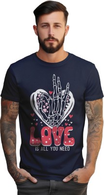 PeppyZone Printed, Typography Men Round Neck Navy Blue T-Shirt