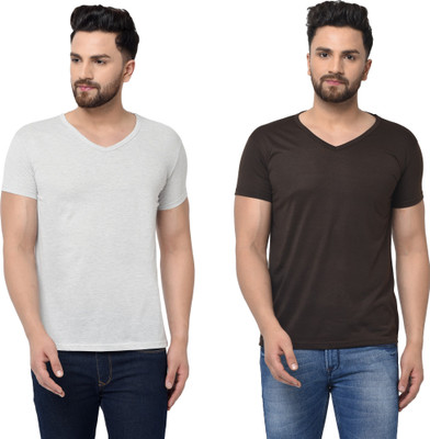 Adorbs Trend Solid Men V Neck Brown, Grey T-Shirt