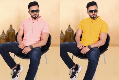 INDICLUB Solid Men Polo Neck Orange, Yellow T-Shirt