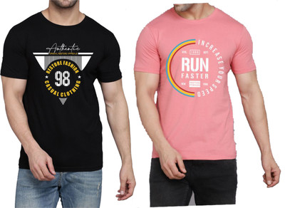 WOOSTRO Printed Men Round Neck Black, Pink T-Shirt