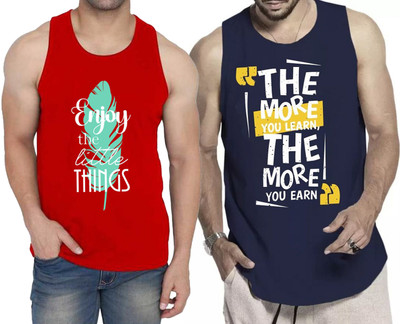 WOOSTRO Printed Men Round Neck Red, Navy Blue T-Shirt
