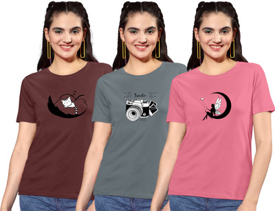 ZentWorld Graphic Print Women Round Neck Brown, Grey, Pink T-Shirt