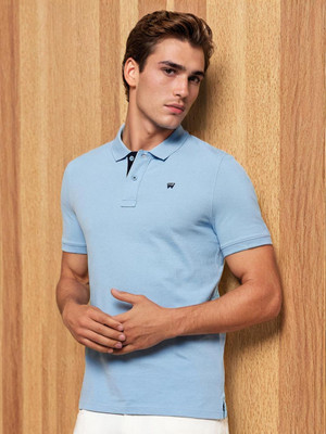 Wrangler Solid Men Polo Neck Blue T-Shirt
