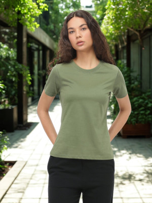 NOBERO Solid Women Crew Neck Green T-Shirt