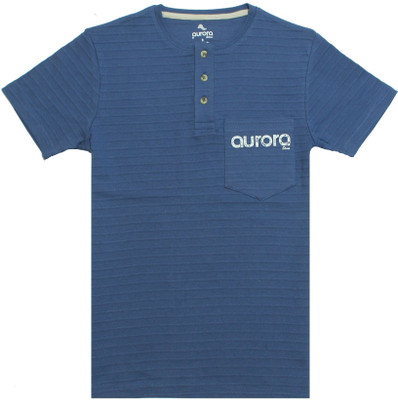 Aurora Shine Typography Men Henley Neck Blue T-Shirt