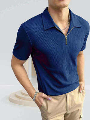 TAZO Self Design Men Polo Neck Blue T-Shirt