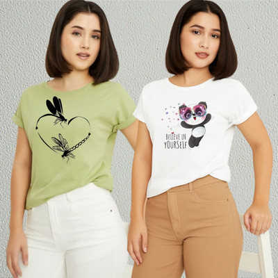 Lecowar Printed Women Round Neck Green, White T-Shirt