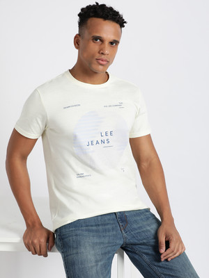 LEE Printed, Typography Men Round Neck White T-Shirt