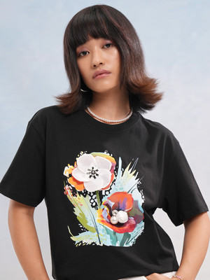 Tokyo Talkies Printed Women Round Neck Black T-Shirt