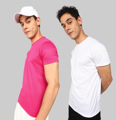 Young trendz Solid Men Round Neck White, Pink T-Shirt