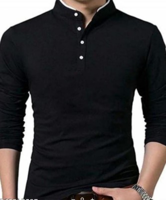 MKzone Solid Men Mandarin Collar Black T-Shirt