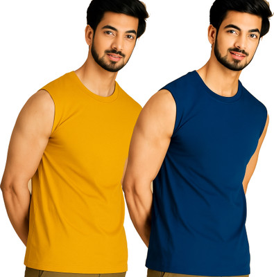 Adorbs Solid Men Round Neck Yellow, Dark Blue T-Shirt