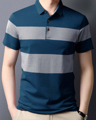 HouseOfCommon Striped Men Polo Neck Blue T-Shirt