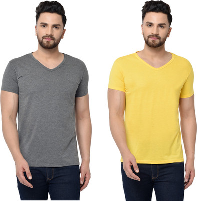 Tresna Trending Solid Men V Neck Grey, Yellow T-Shirt