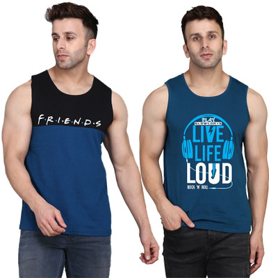 SLOWLORIS Printed, Colorblock Men Round Neck Dark Blue, Black T-Shirt