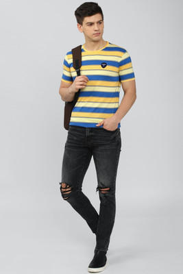 PETER ENGLAND Striped Men Round Neck Yellow T-Shirt