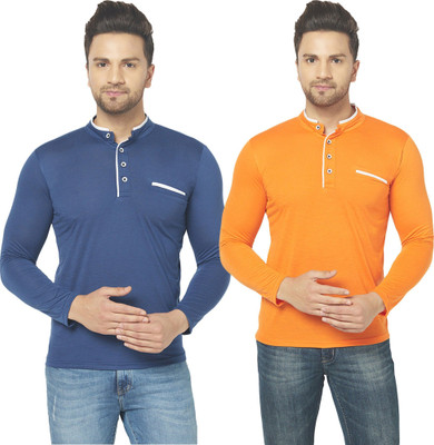 JB Jagoboy Solid Men Mandarin Collar Dark Blue, Orange T-Shirt