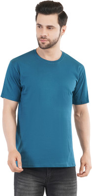 CRYSTON Solid Men Round Neck Light Blue T-Shirt