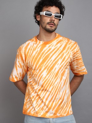 V-MART Striped Men Round Neck Orange, White T-Shirt