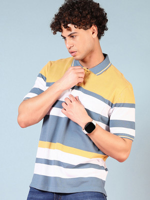 V-MART Striped Men Polo Neck Green T-Shirt