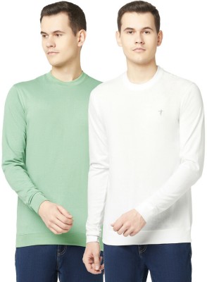 TT Solid Men Round Neck White, Green T-Shirt