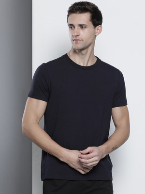 OrrganicChics Solid Men Round Neck Navy Blue T-Shirt