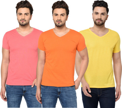 JB Jangoboy Solid Men V Neck Pink, Orange, Yellow T-Shirt