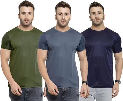 RIVAAZ Collections Solid Men Round Neck Dark Green, Grey, Navy Blue T-Shirt