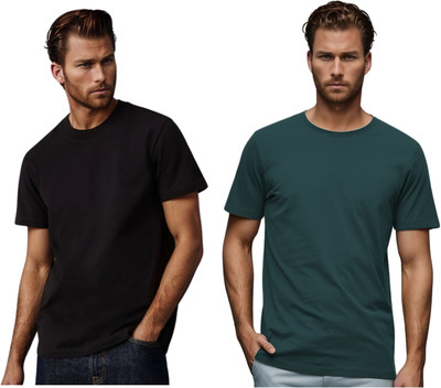 BlueFicus Solid Men Round Neck Black, Dark Green T-Shirt