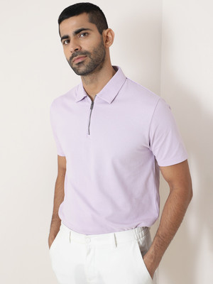 RARE RABBIT Solid Men Polo Neck Purple T-Shirt