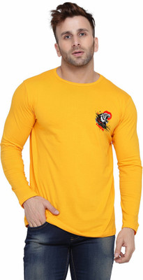 Lawful Casual Solid, Printed Men Round Neck Yellow T-Shirt
