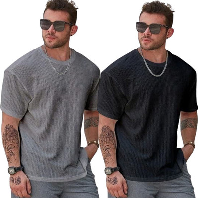 COPEHHI Solid Men Round Neck Grey, Black T-Shirt