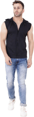 Blisstone Solid Men Hooded Neck Black T-Shirt