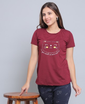 The Sleep Intimo Printed Women Round Neck Maroon T-Shirt