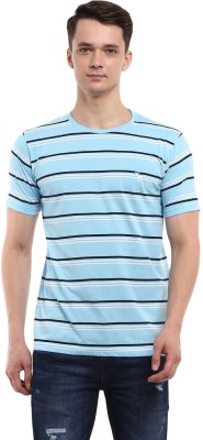 V-MART Striped Men Round Neck White, Black, Light Blue T-Shirt