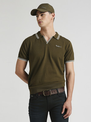 Pepe Jeans Striped Men Polo Neck Green T-Shirt
