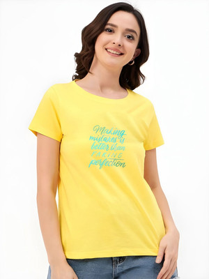 SZN Typography Women Round Neck Yellow T-Shirt