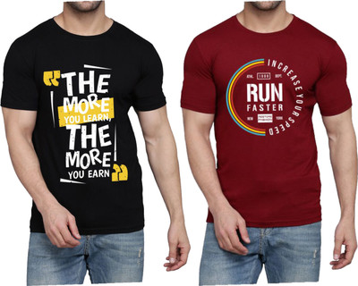 WOOSTRO Printed Men Round Neck Black, Maroon T-Shirt