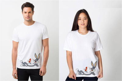 HamsaMART.com Solid Couple Round Neck White T-Shirt