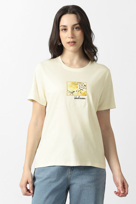 VAN HEUSEN Printed Women Round Neck Beige T-Shirt