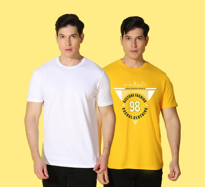 WOOSTRO Typography Men Round Neck Yellow, White T-Shirt