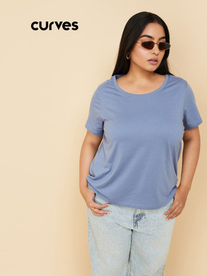 MAX Printed Women Round Neck Blue T-Shirt
