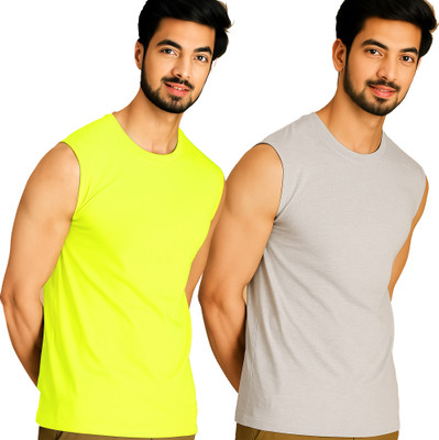 Adorbs Solid Men Round Neck Green, Grey T-Shirt