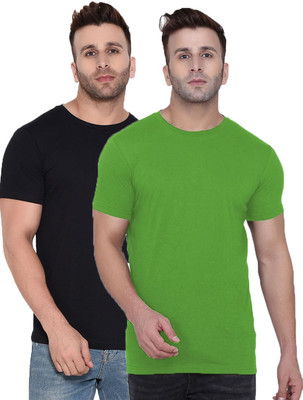 Kroptee Solid Men Round Neck Dark Green, Black T-Shirt