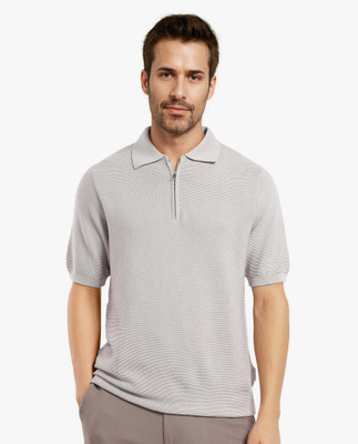 RARE RABBIT Self Design Men Polo Neck Grey T-Shirt