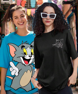 TOM AND JERRY by DreamBe Cartoon Women Round Neck Multicolor T-Shirt