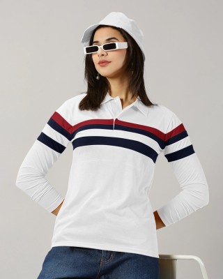 Outlander Colorblock Women Polo Neck White T-Shirt