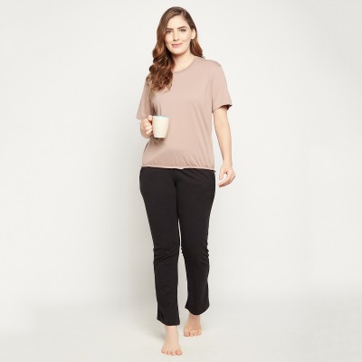 Clovia Solid Women Round Neck Beige T-Shirt